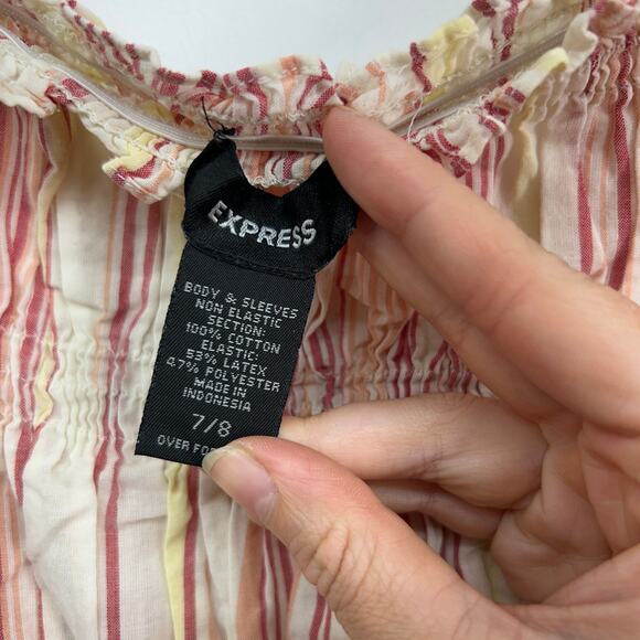 Vintage Y2K 2000s Express Pink Striped Smocked Cropped Off Shoulder Crop Top 7/8 - Picture 6 of 6